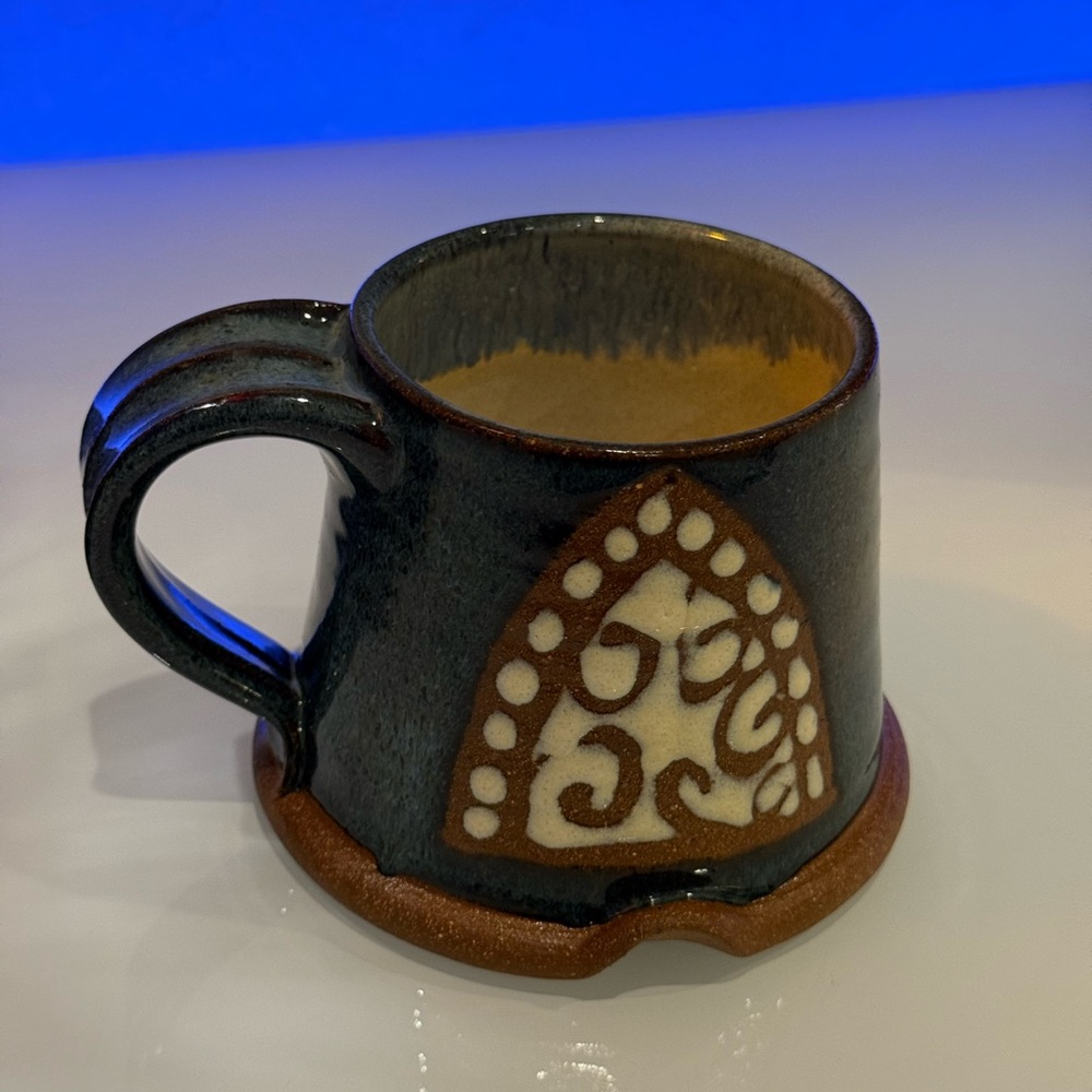Ceramic handmade studio pottery Mug & Intricate Design with sign and dragonfly